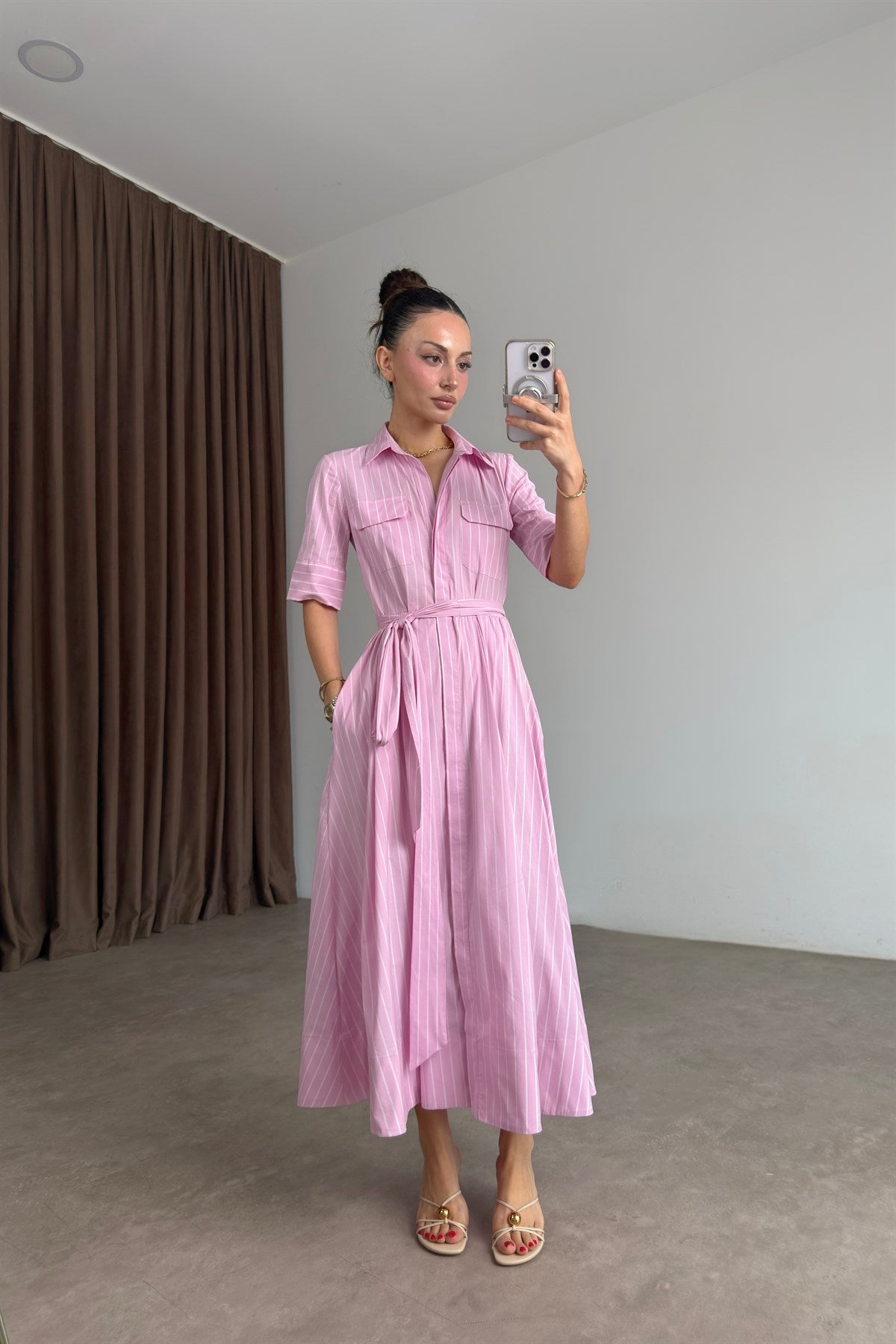 Zra Orijinal Pembe Çizgili Uzun Gömlek Elbise