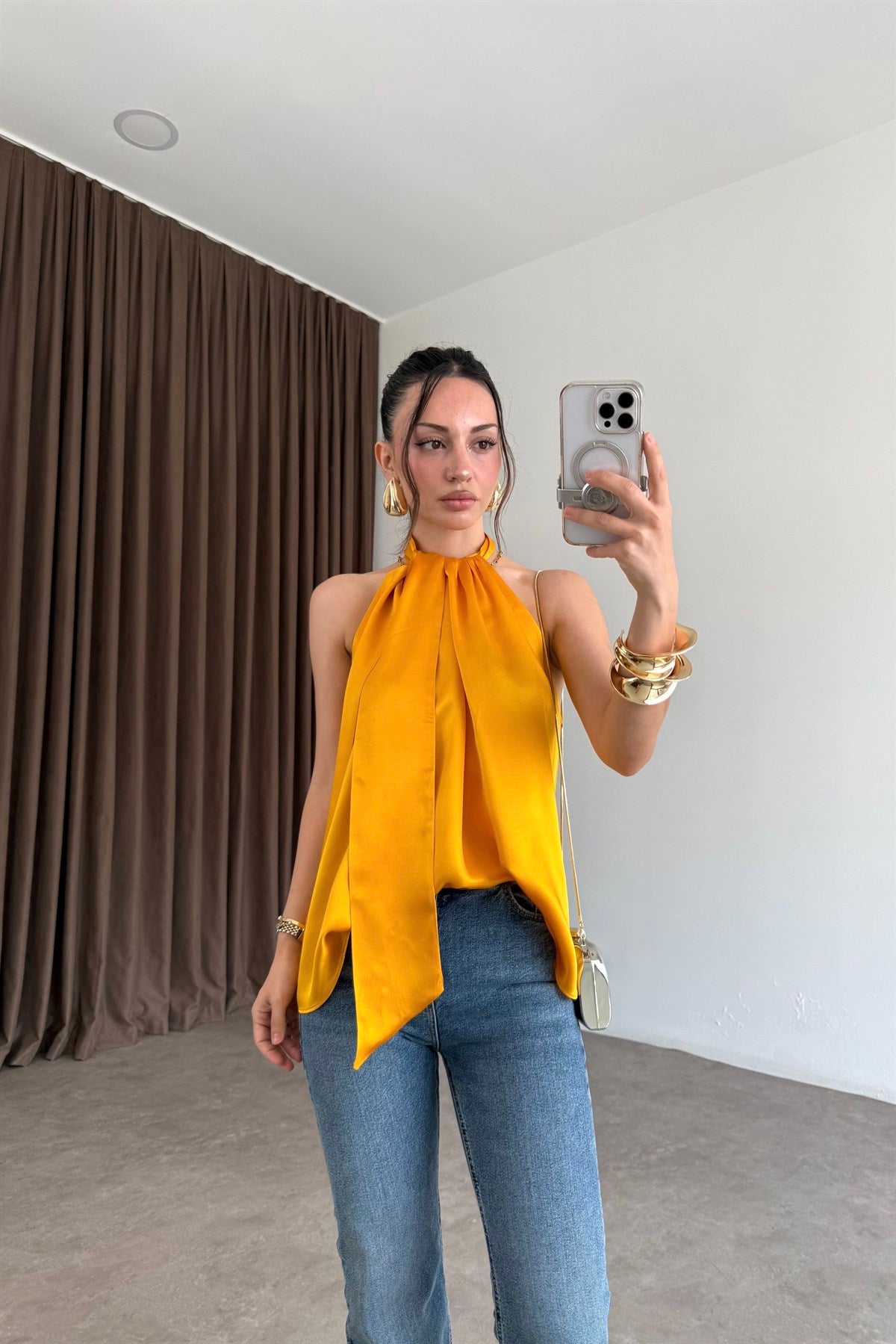 Zra Orijinal Şallı Orange Saten Bluz