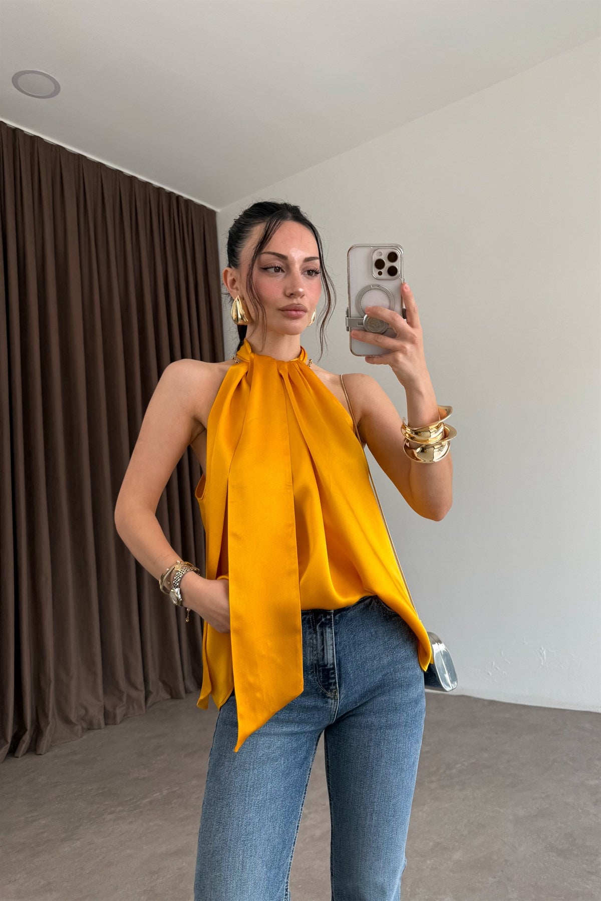 Zra Orijinal Şallı Orange Saten Bluz