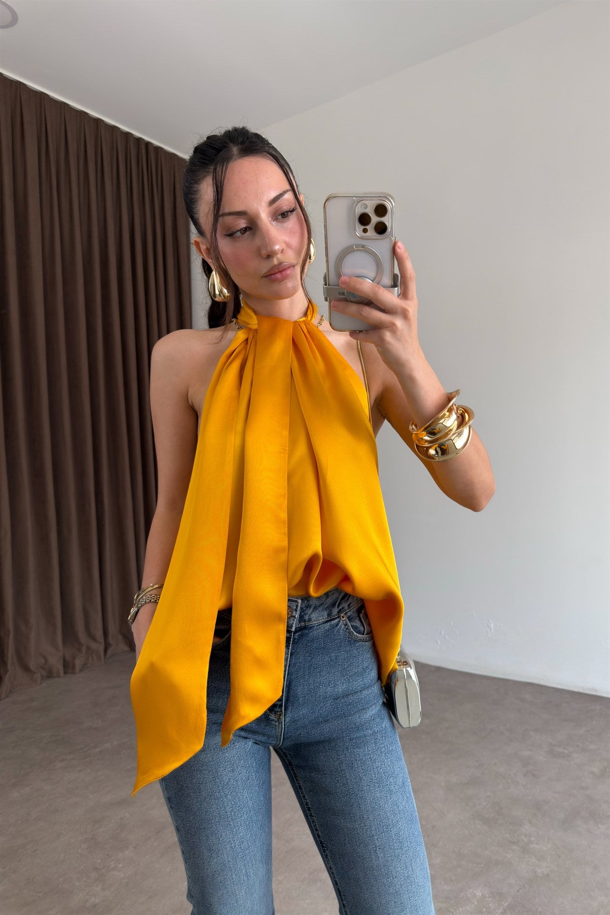 Zra Orijinal Şallı Orange Saten Bluz
