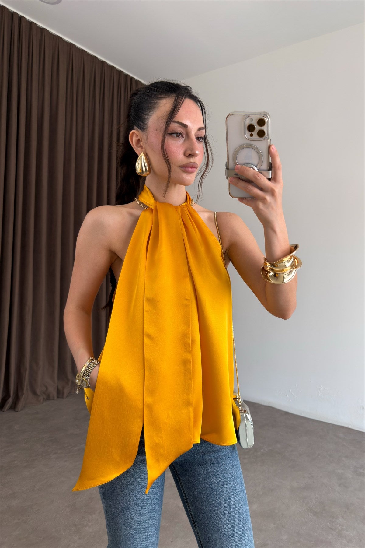 Zra Orijinal Şallı Orange Saten Bluz