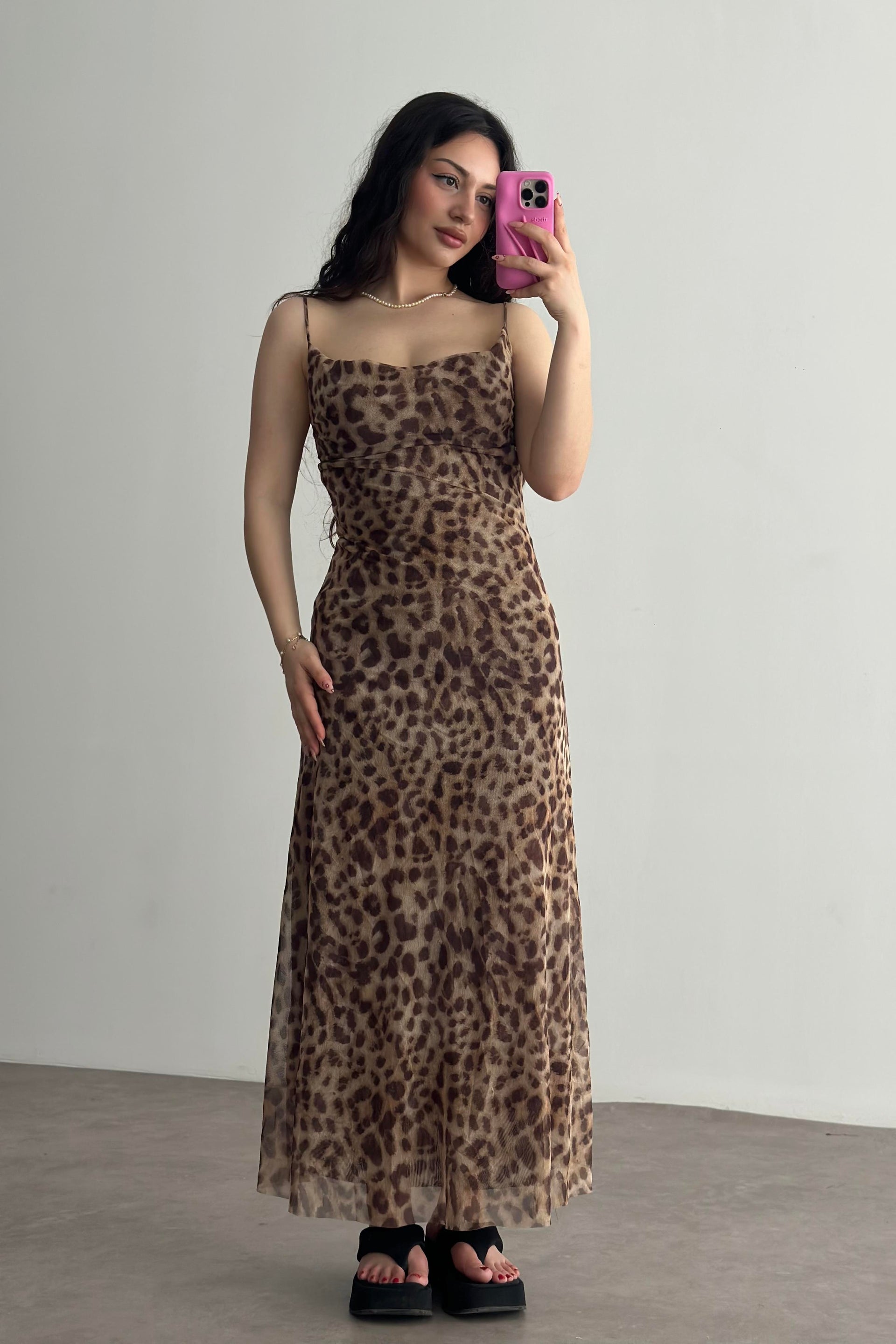 ZRA Orj. Leopar Desenli Midi Elbise