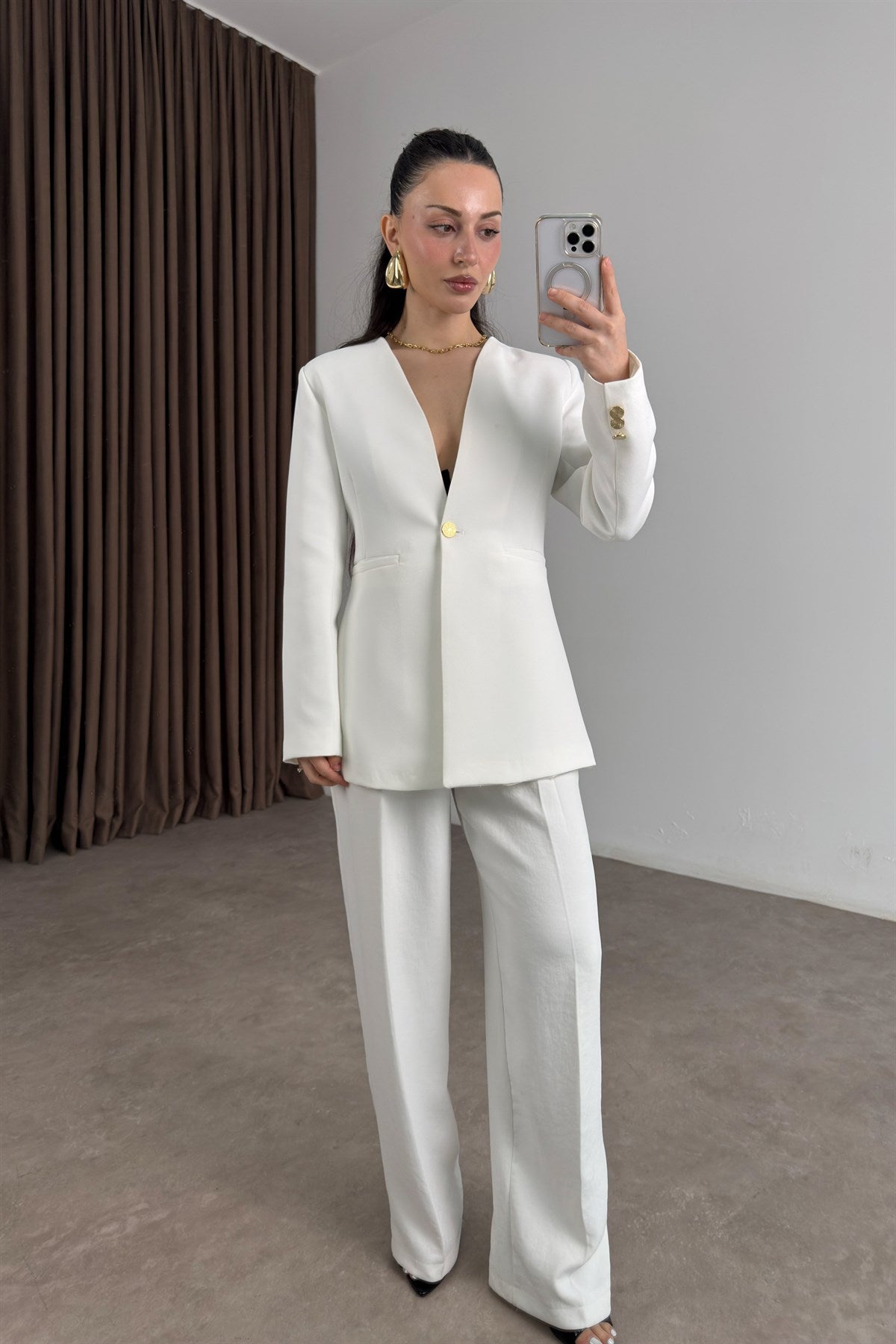 Zra Orj. Gold Düğmeli Beyaz Blazer Ceket