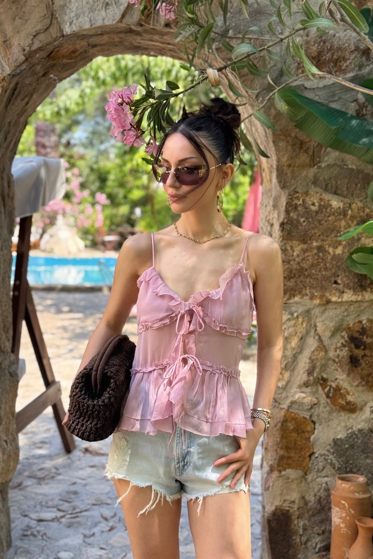 Zra Orj. Bağcıklı Şifon Pembe Askılı Bluz