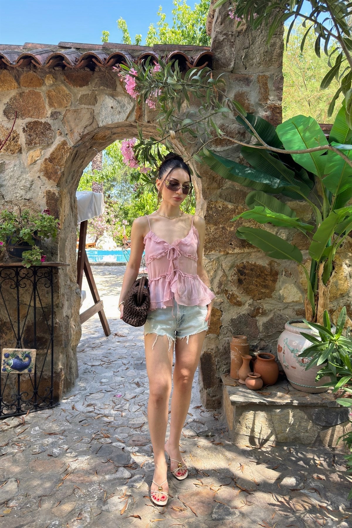 Zra Orj. Bağcıklı Şifon Pembe Askılı Bluz