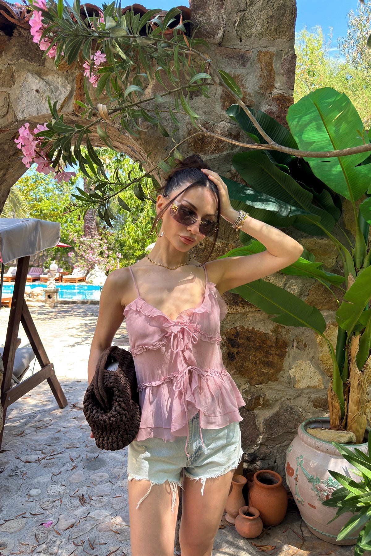 Zra Orj. Bağcıklı Şifon Pembe Askılı Bluz