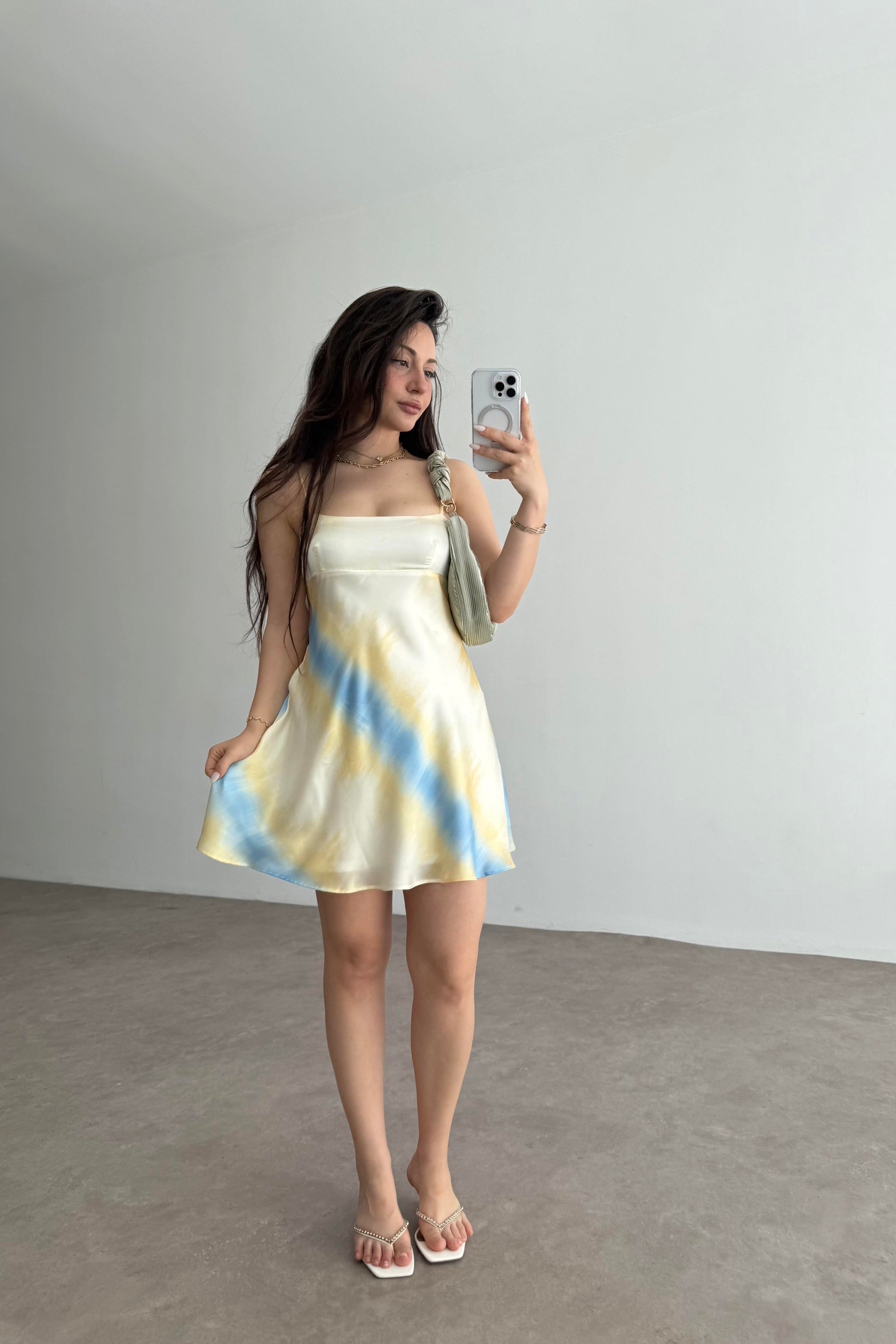 Zra Orj. Sarı Mavi Geçişli Askılı Mini Elbise