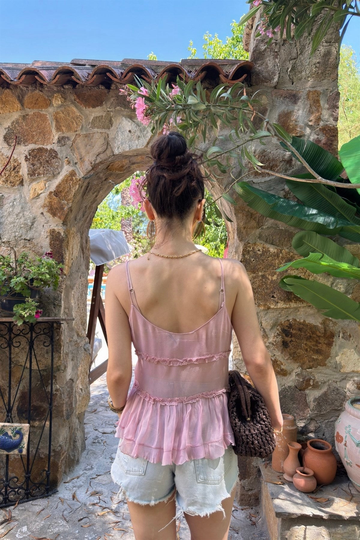 Zra Orj. Bağcıklı Şifon Pembe Askılı Bluz