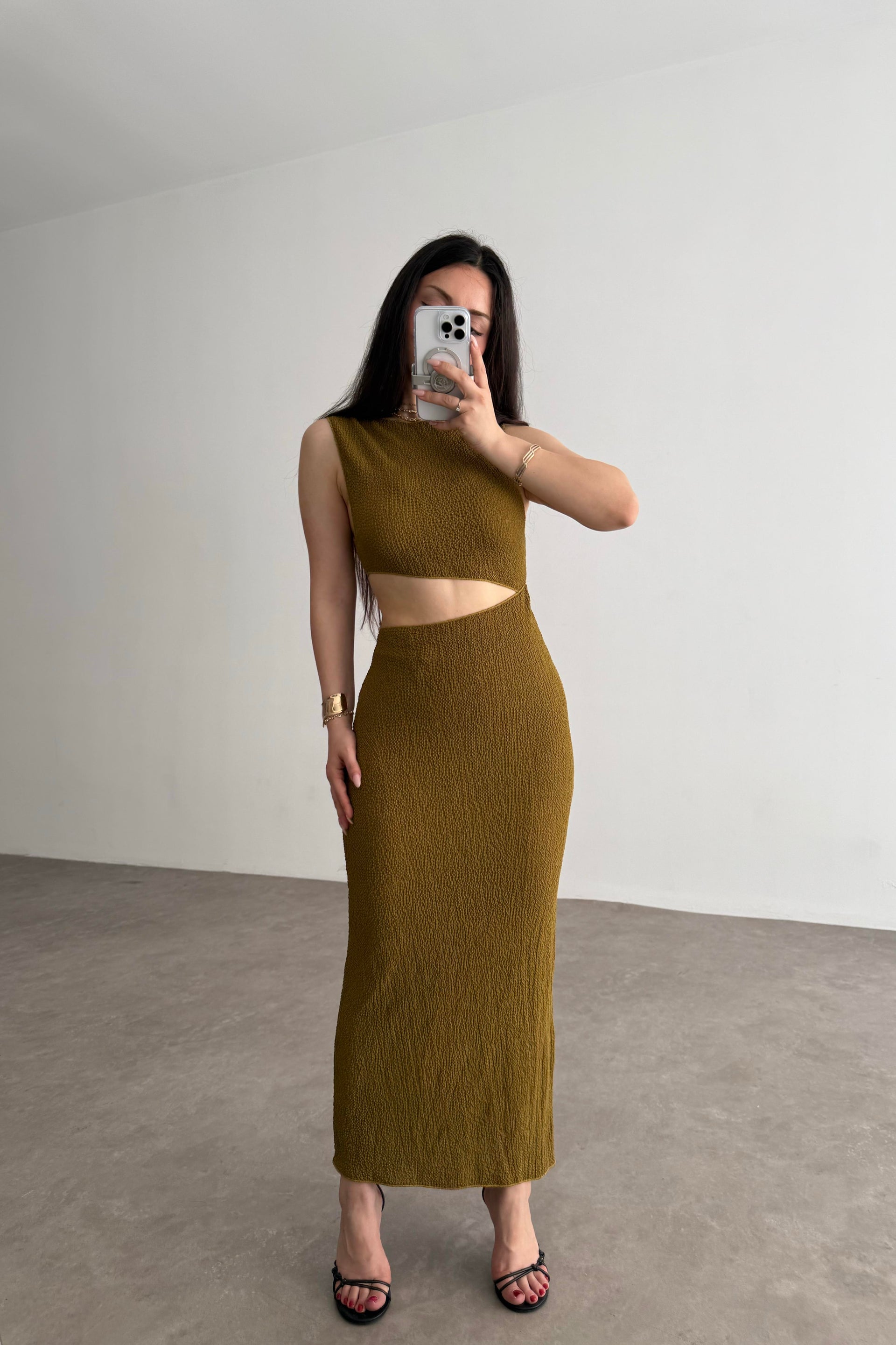 Zra Orj. Yağ Yeşili Pencere Dekolteli Midi Elbise
