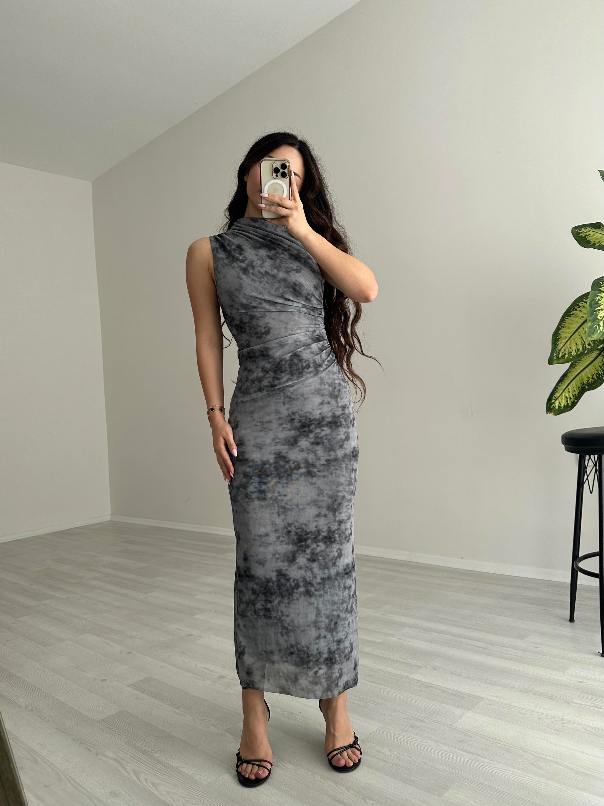 Zra Orj Drapeli Gri Batik Elbise
