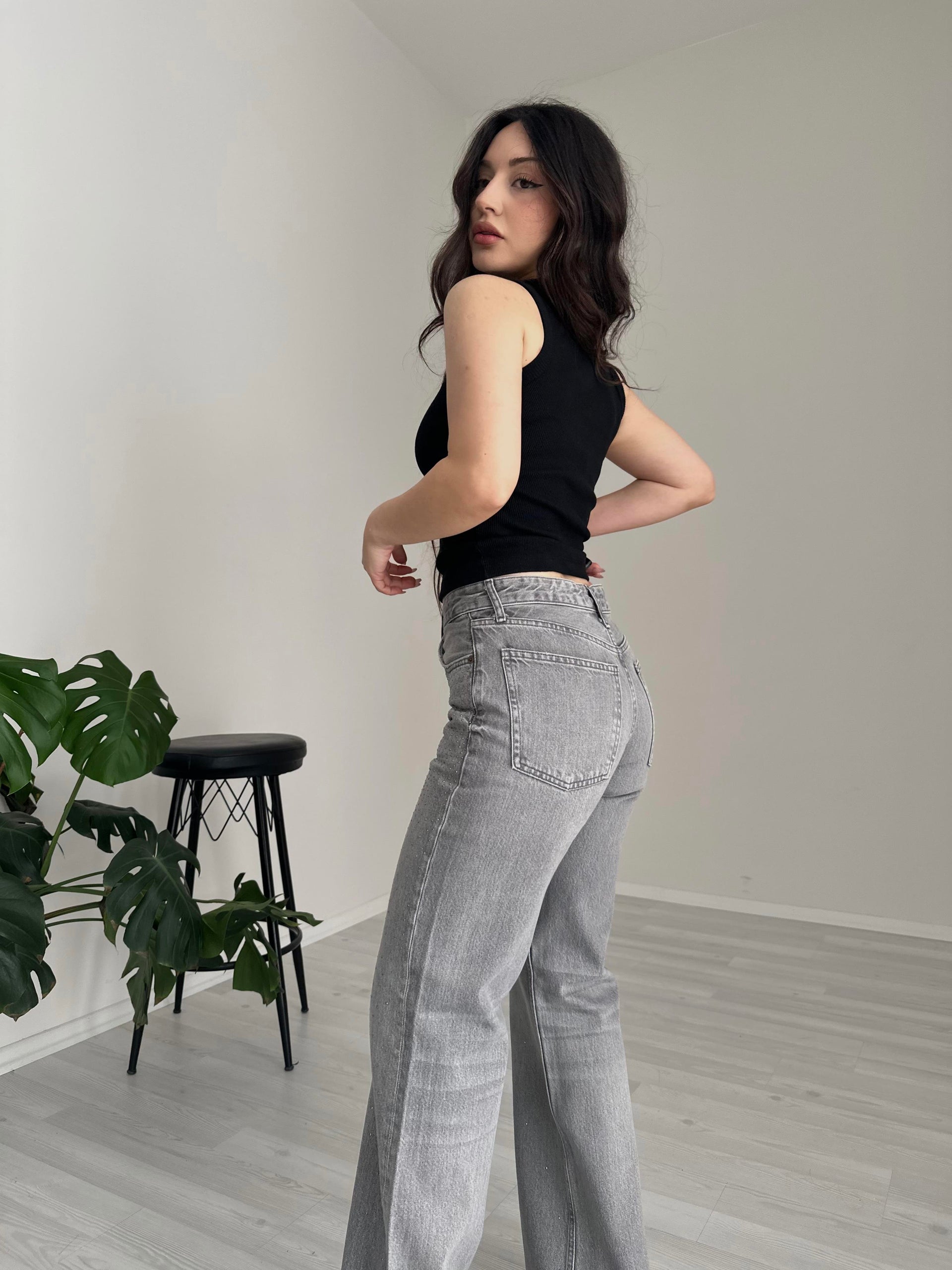 ZRA Orj. Taşlı Gri Jean