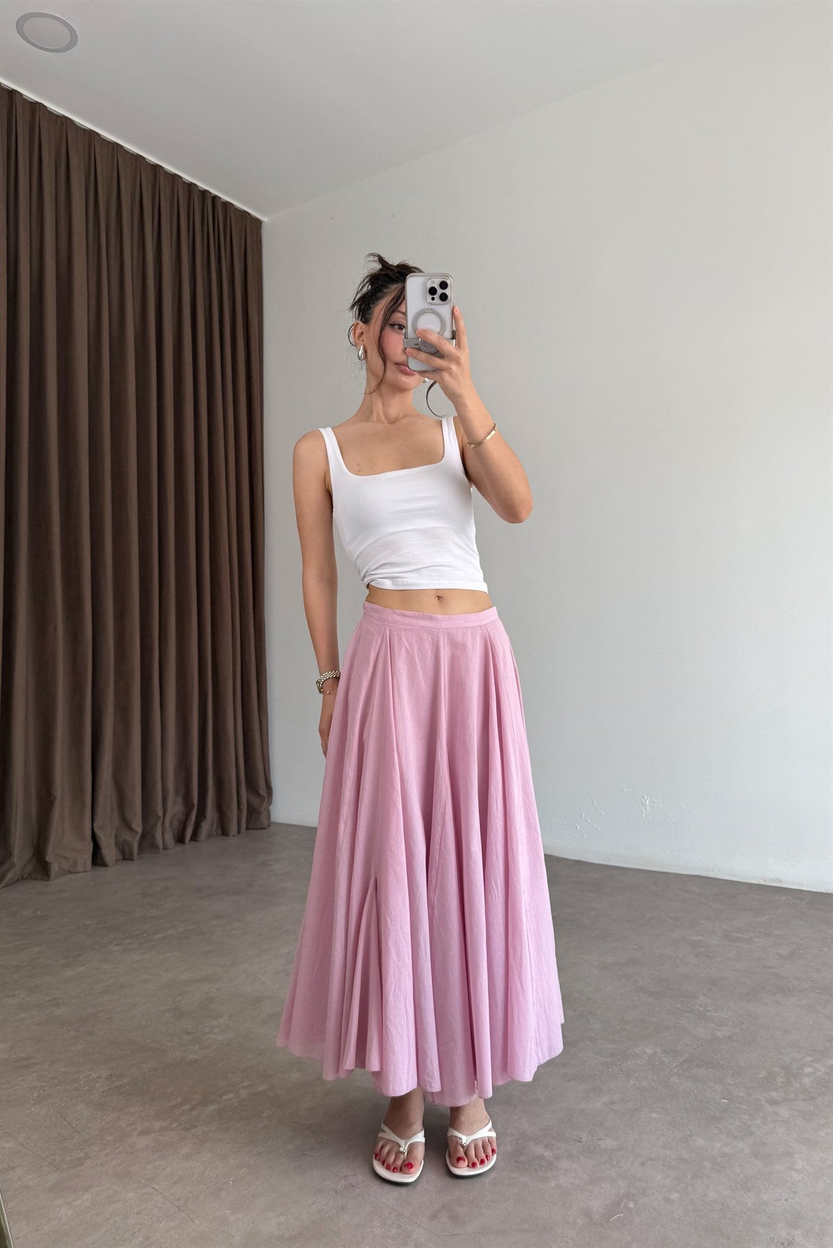 ZRA Orj Pamuklu Kumaş Premium Volanlı Pembe Midi Etek