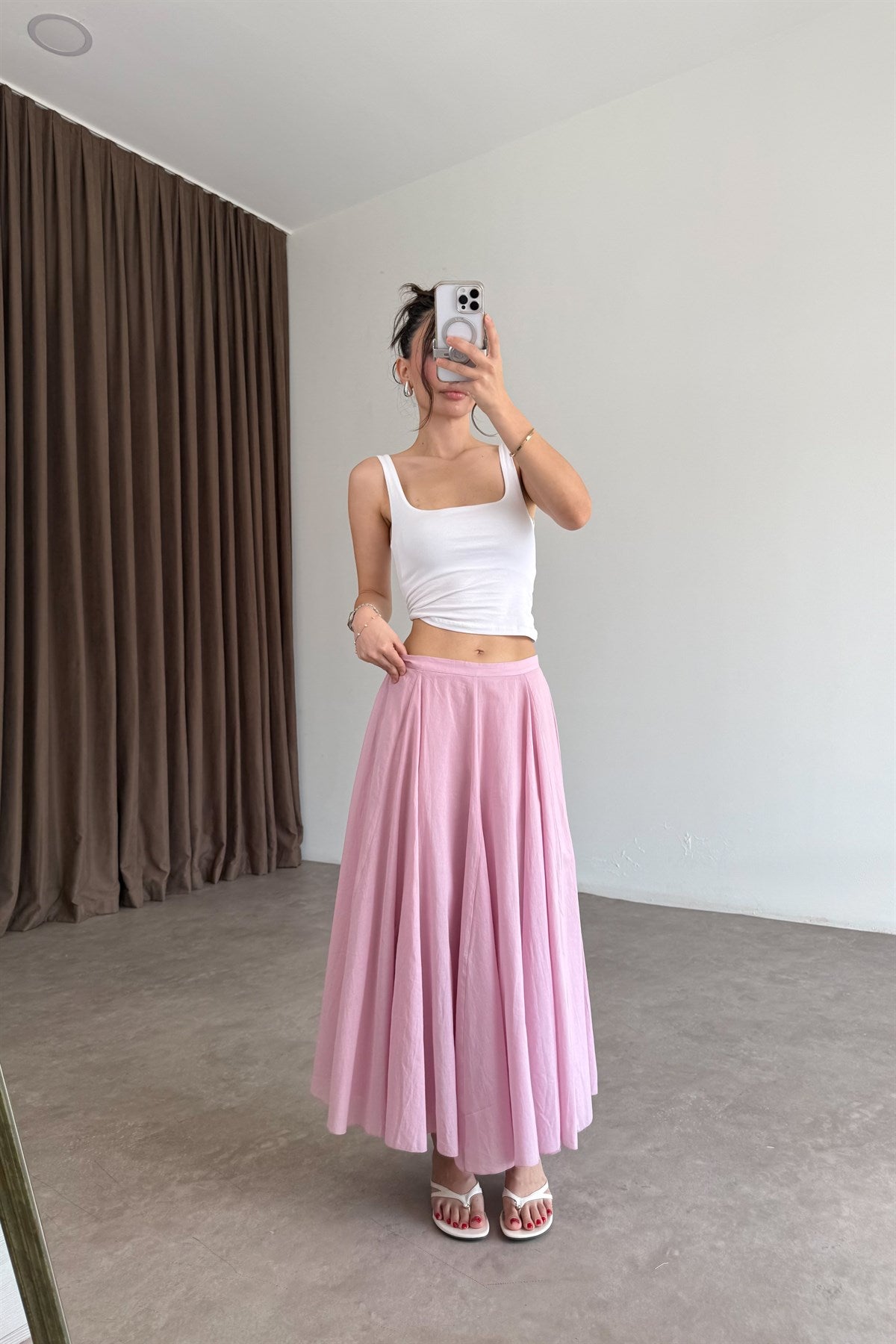 ZRA Orj Pamuklu Kumaş Premium Volanlı Pembe Midi Etek