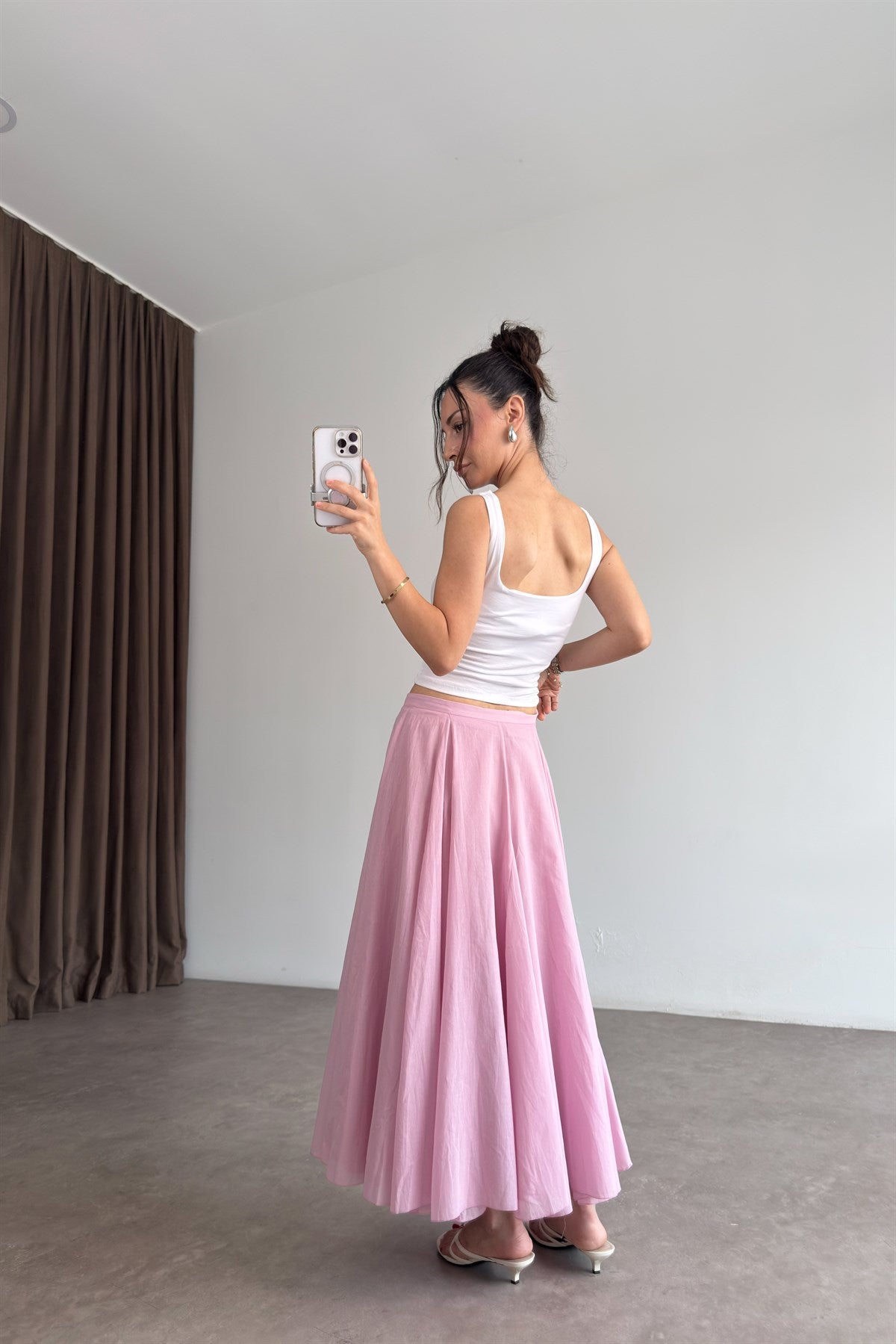 ZRA Orj Pamuklu Kumaş Premium Volanlı Pembe Midi Etek