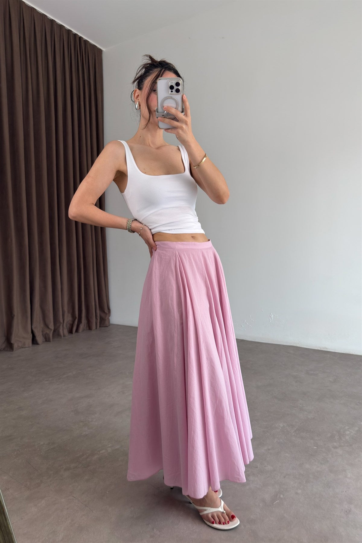 ZRA Orj Pamuklu Kumaş Premium Volanlı Pembe Midi Etek