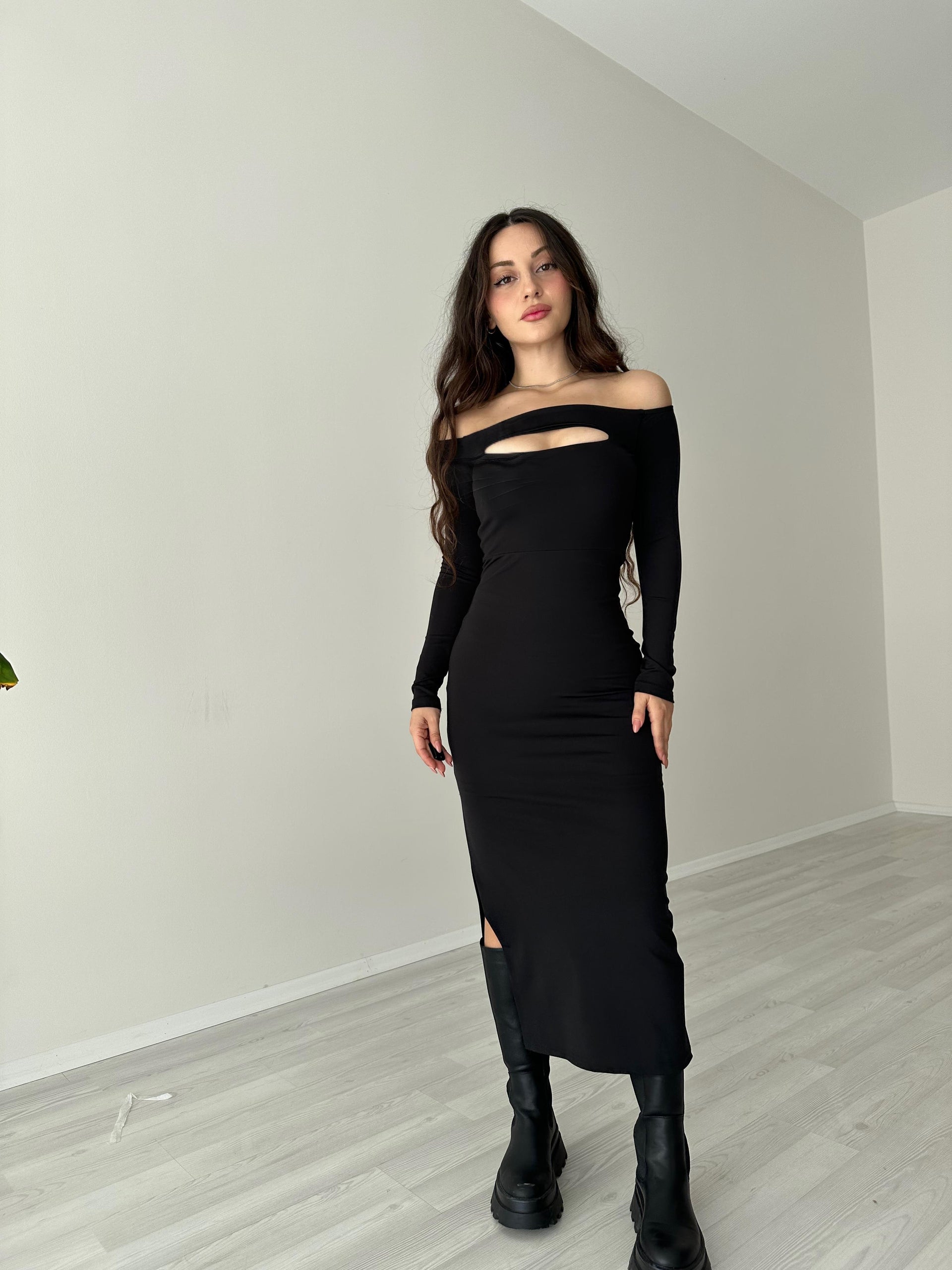 ZRA Pencere Detaylı Uzun Elbise