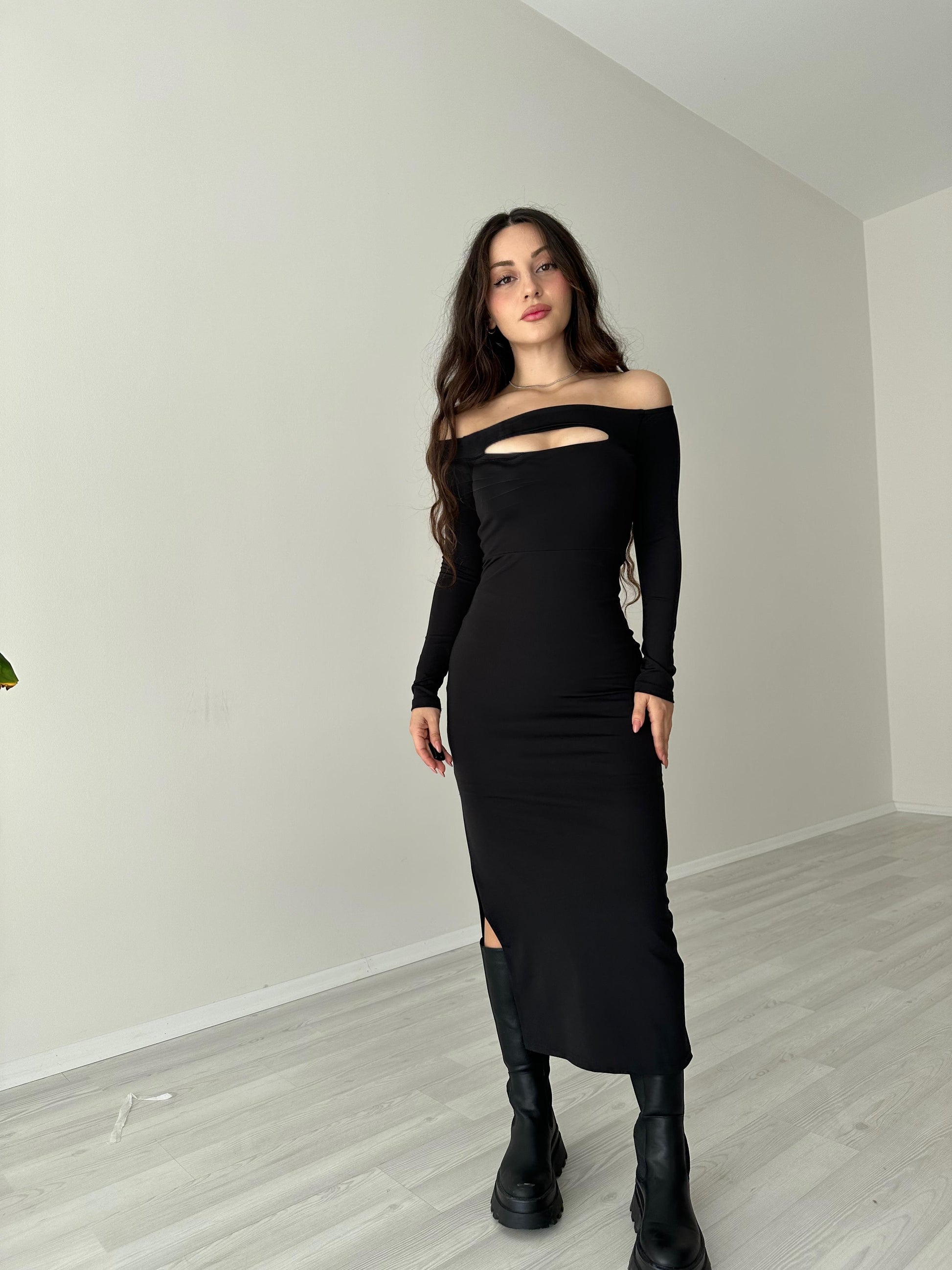 ZRA Pencere Detaylı Uzun Elbise