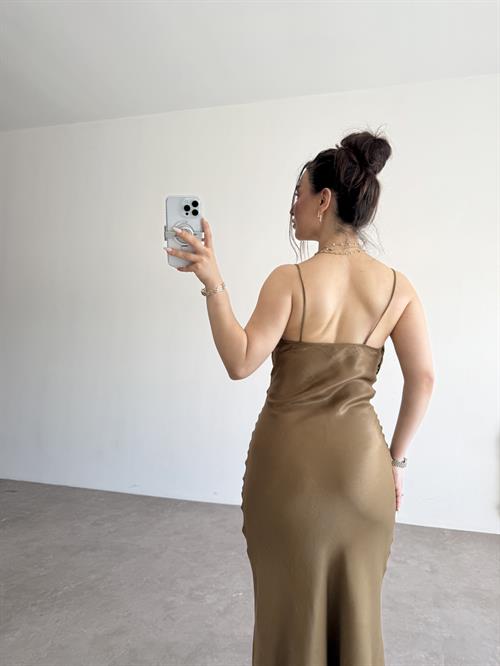 ZRA Saten Bronz Midi Elbise