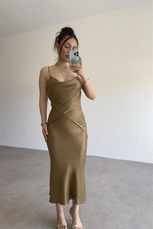 ZRA Saten Bronz Midi Elbise