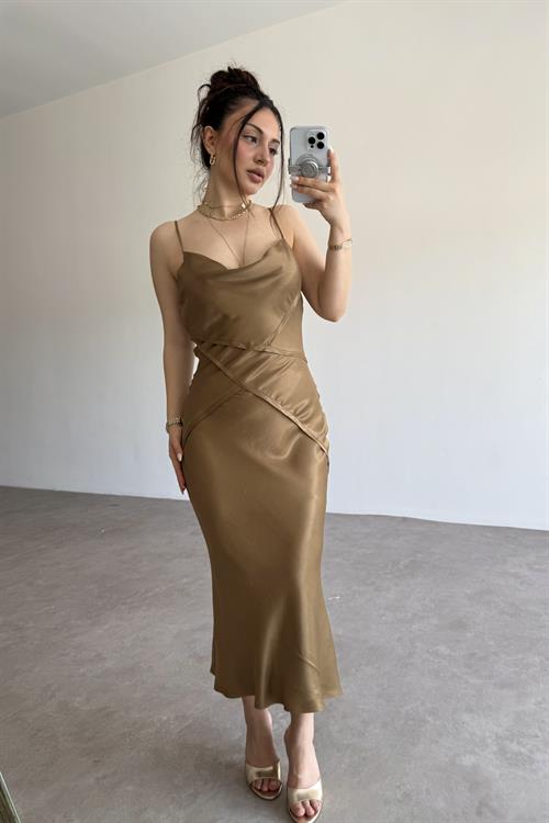ZRA Saten Bronz Midi Elbise