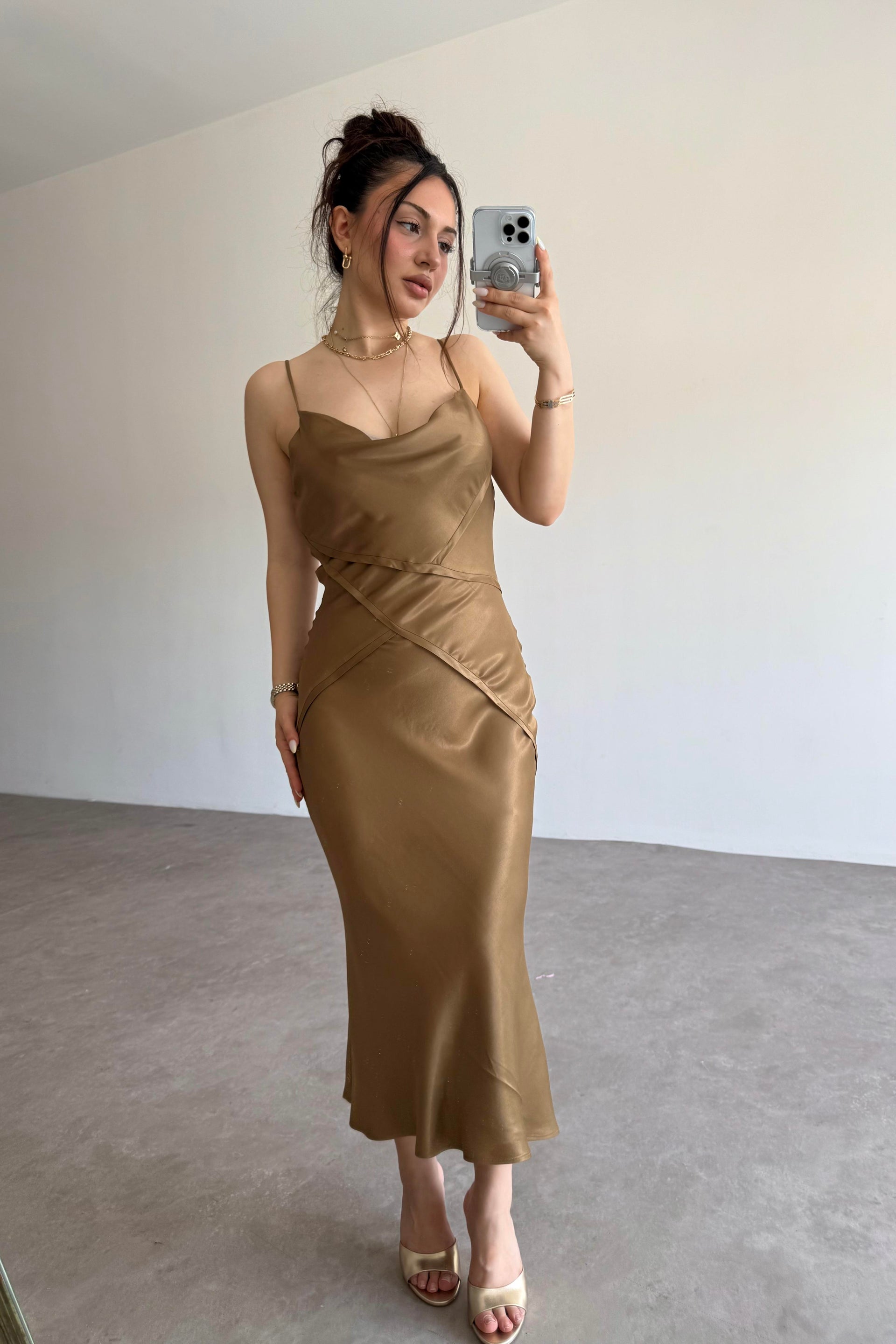 ZRA Saten Bronz Midi Elbise