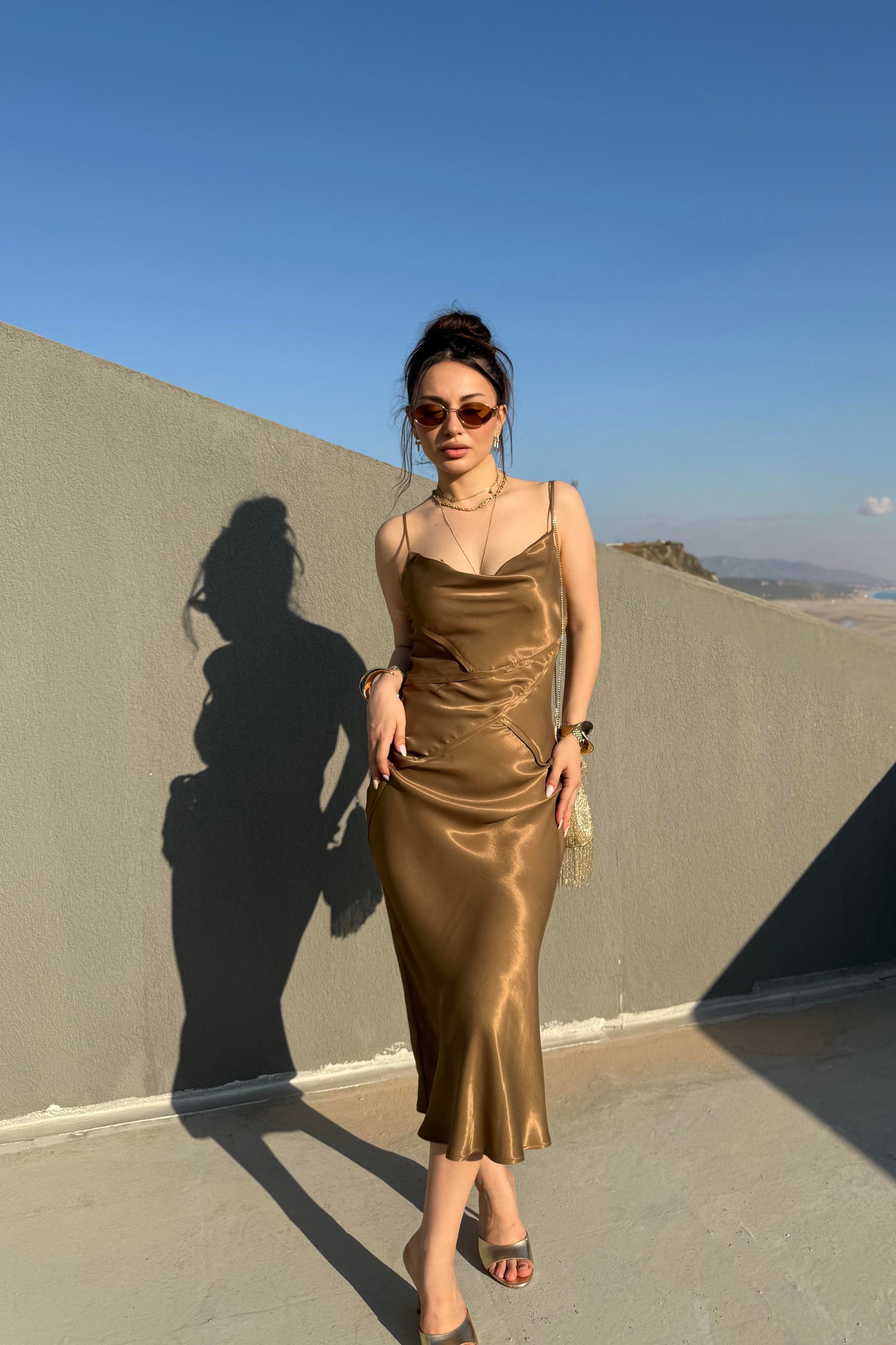 ZRA Saten Bronz Midi Elbise