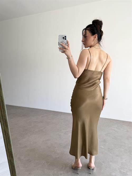 ZRA Saten Bronz Midi Elbise