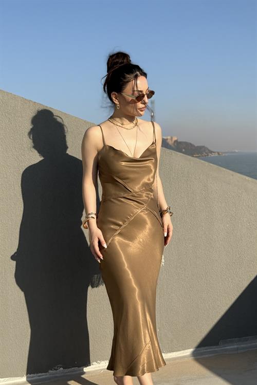 ZRA Saten Bronz Midi Elbise