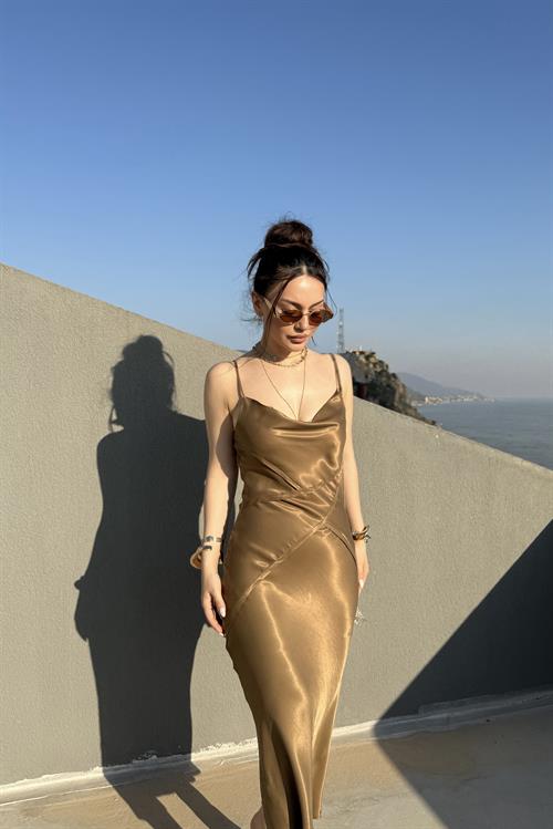 ZRA Saten Bronz Midi Elbise