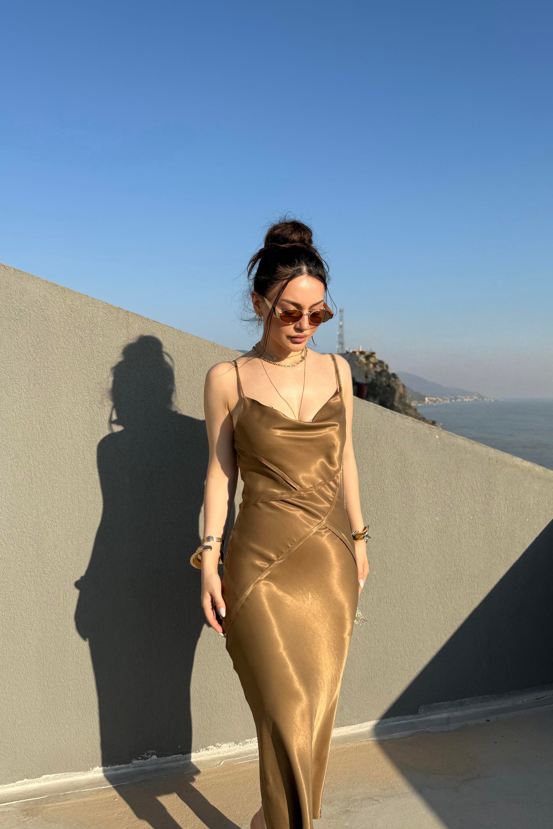 ZRA Saten Bronz Midi Elbise